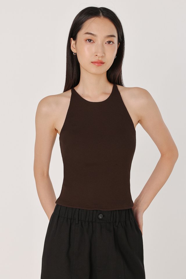 KENDRA PADDED HALTER RACER RIBBED TOP (BROWN)