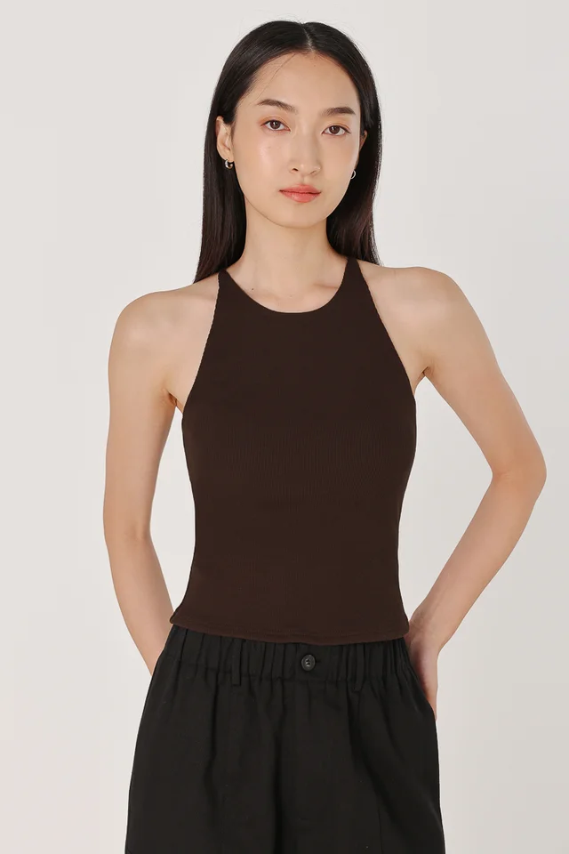 KENDRA PADDED HALTER RACER RIBBED TOP - IMPROVED FIT (BROWN)