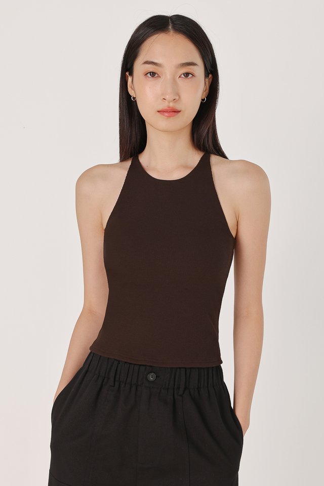 KENDRA PADDED HALTER RACER RIBBED TOP (BROWN)