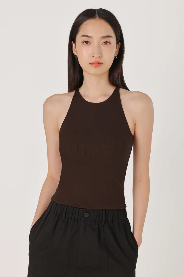 KENDRA PADDED HALTER RACER RIBBED TOP - IMPROVED FIT (BROWN)