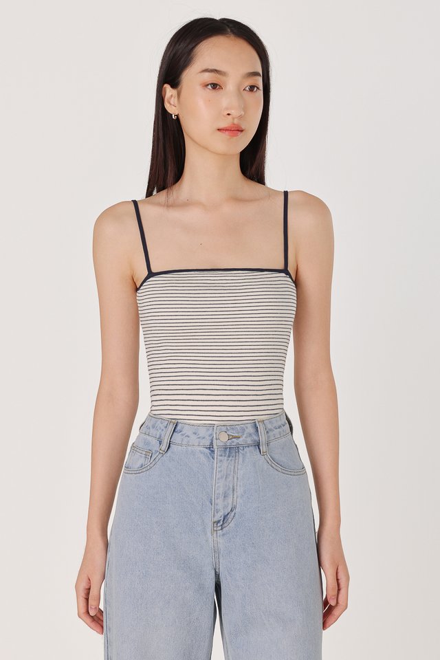 ASTRA REVERSIBLE PADDED CONTRAST TRIM RIBBED CAMI TOP (OFF-WHITE WITH NAVY STRIPED)