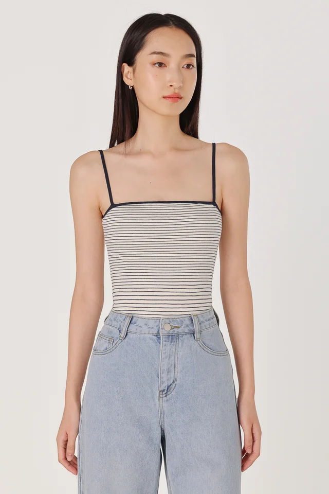 ASTRA REVERSIBLE PADDED CONTRAST TRIM RIBBED CAMI TOP (OFF-WHITE WITH NAVY STRIPED)