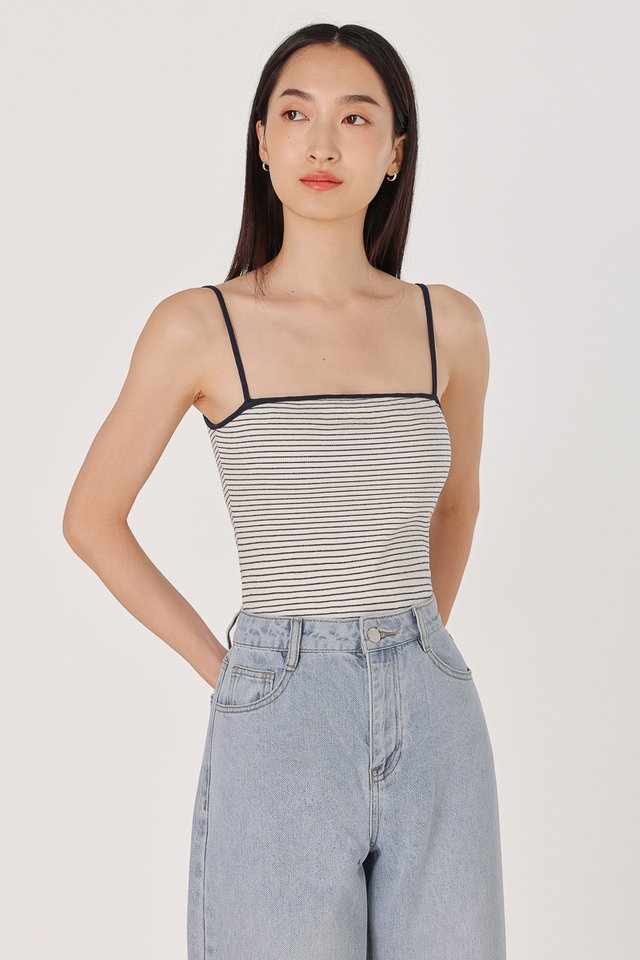 ASTRA REVERSIBLE PADDED CONTRAST TRIM RIBBED CAMI TOP (OFF-WHITE WITH NAVY STRIPED)