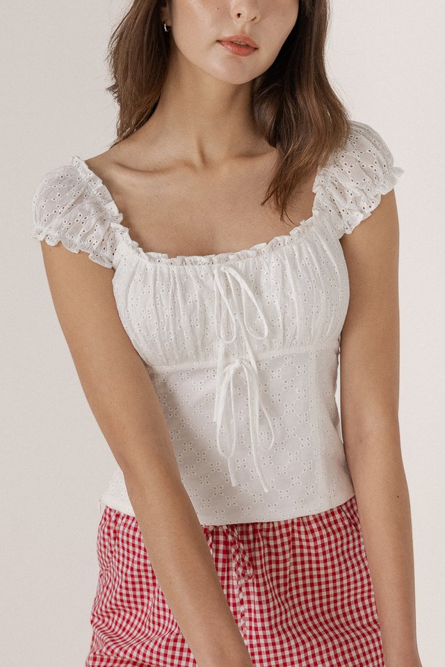 ROMY PADDED EYELET RUCHED SLEEVE RIBBON TOP (WHITE)