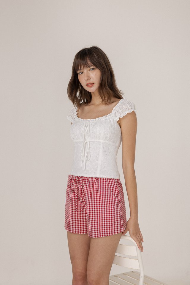 ROMY PADDED EYELET RUCHED SLEEVE RIBBON TOP (WHITE)