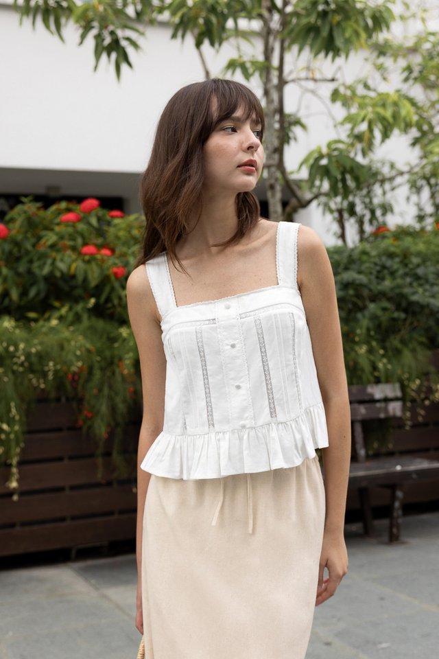 IMARA PADDED LINEN LACE TRIM BUTTON TIE-BACK TOP (WHITE)