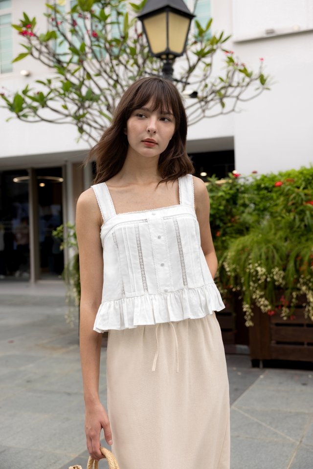 IMARA PADDED LINEN LACE TRIM BUTTON TIE-BACK TOP (WHITE)