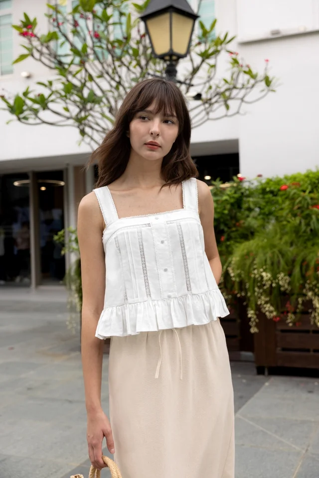 IMARA PADDED LINEN LACE TRIM BUTTON TIE-BACK TOP (WHITE)