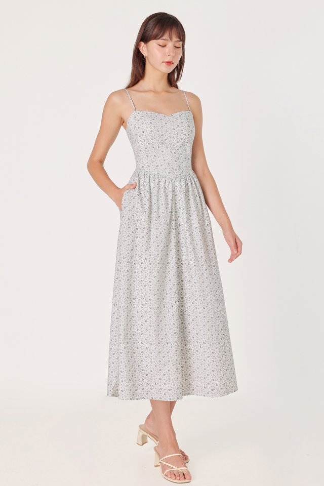 CHARLAYNE PADDED LINEN V-NECK PANELLED MIDAXI DRESS (BLUE FLORAL)