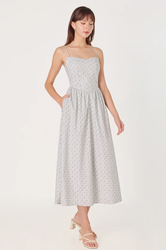 CHARLAYNE PADDED LINEN V-NECK PANELLED MIDAXI DRESS (BLUE FLORAL)