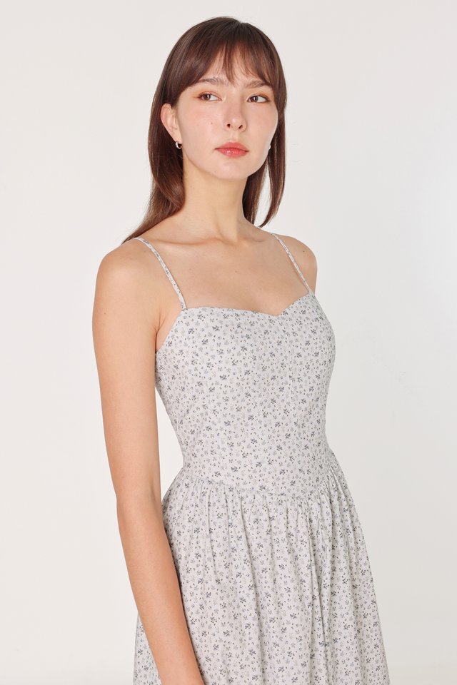 CHARLAYNE PADDED LINEN V-NECK PANELLED MIDAXI DRESS (BLUE FLORAL)
