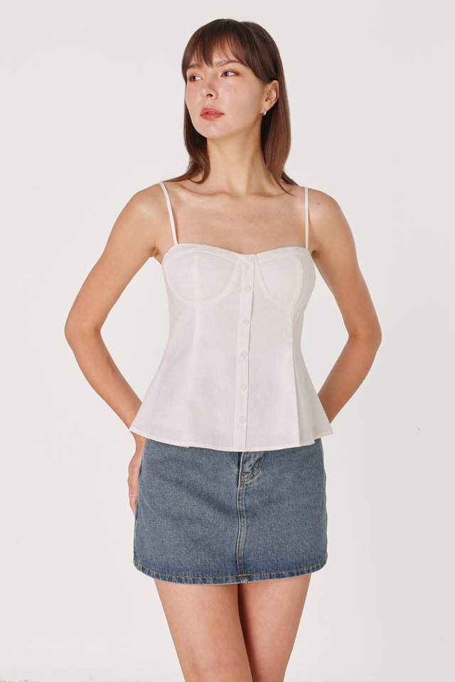 VALERIA PADDED PLEATED BUTTON FLARE TOP (WHITE)