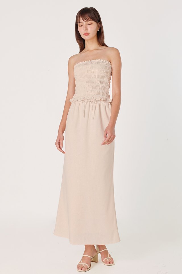 GIANNA LINEN DRAWSTRING BIAS MAXI SKIRT - PETITE (NATURAL)