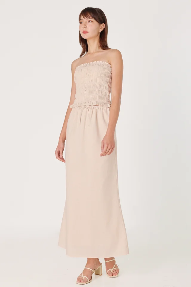 GIANNA LINEN DRAWSTRING BIAS MAXI SKIRT - PETITE (NATURAL)