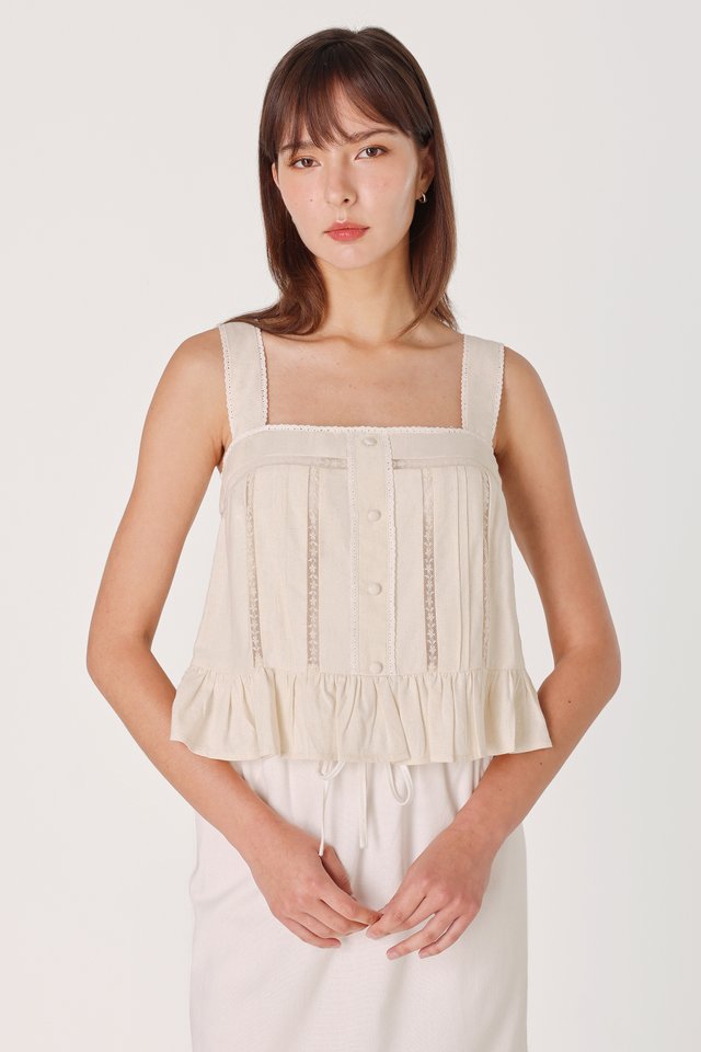 IMARA PADDED LINEN LACE TRIM BUTTON TIE-BACK TOP (NATURAL)