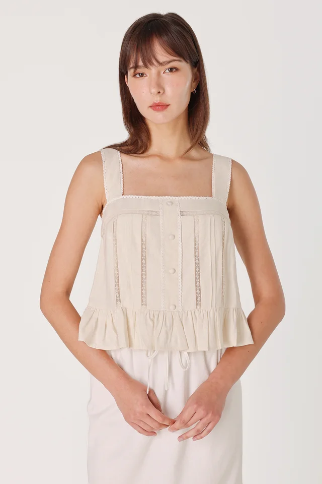 IMARA PADDED LINEN LACE TRIM BUTTON TIE-BACK TOP (NATURAL)