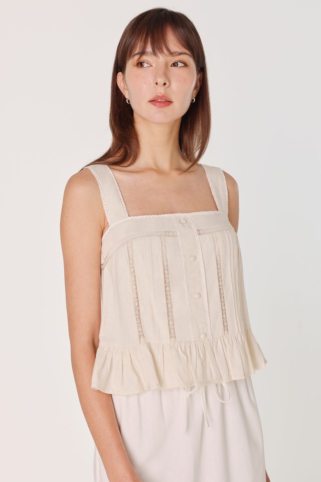 IMARA PADDED LINEN LACE TRIM BUTTON TIE-BACK TOP (NATURAL)