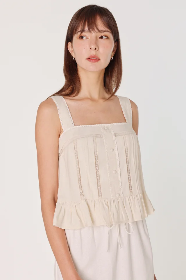 IMARA PADDED LINEN LACE TRIM BUTTON TIE-BACK TOP (NATURAL)