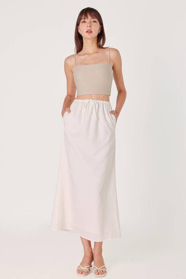 GIANNA LINEN DRAWSTRING BIAS MAXI SKIRT - PETITE (WHITE)