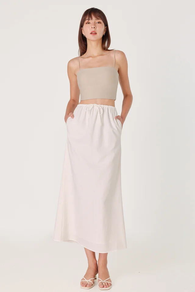 GIANNA LINEN DRAWSTRING BIAS MAXI SKIRT - PETITE (WHITE)