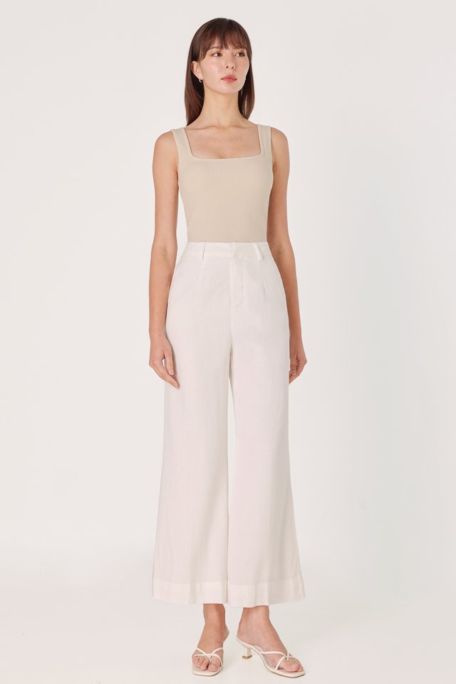 CALDA LINEN THICK HEM FLARE PANTS - PETITE (WHITE)