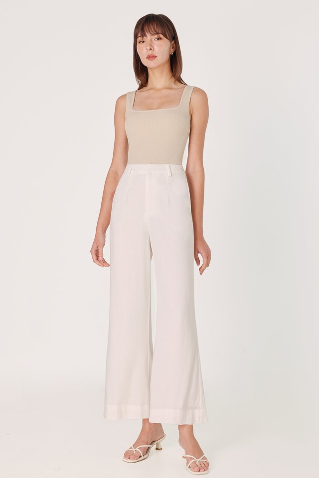 CALDA LINEN THICK HEM FLARE PANTS - PETITE (WHITE)