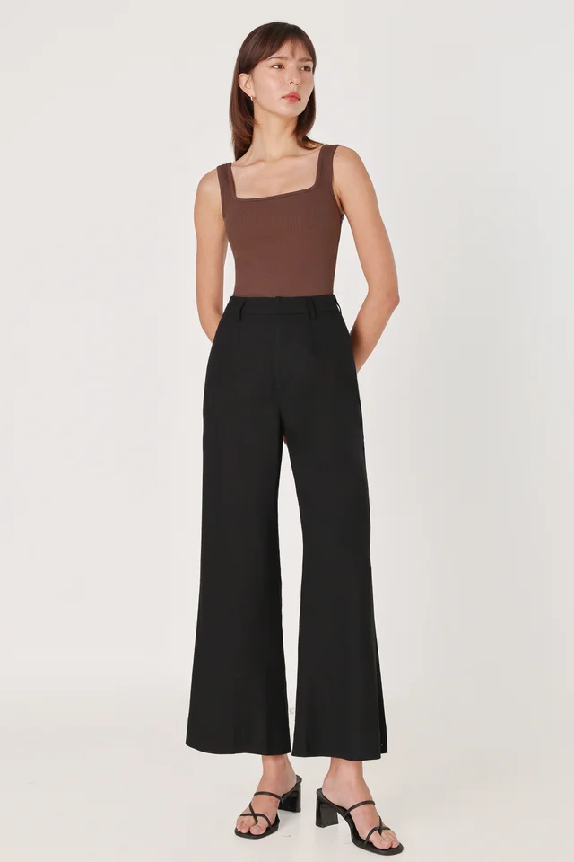 CALDA LINEN THICK HEM FLARE PANTS - PETITE (BLACK)