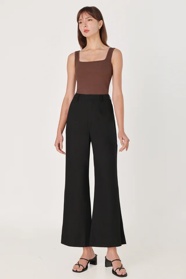 CALDA LINEN THICK HEM FLARE PANTS - PETITE (BLACK)