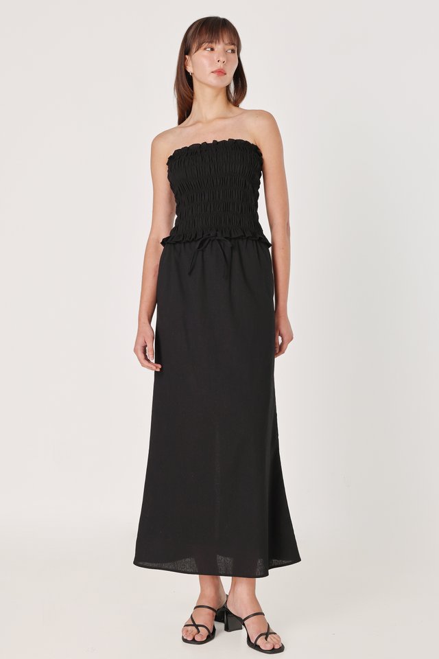 GIANNA LINEN DRAWSTRING BIAS MAXI SKIRT - PETITE (BLACK)
