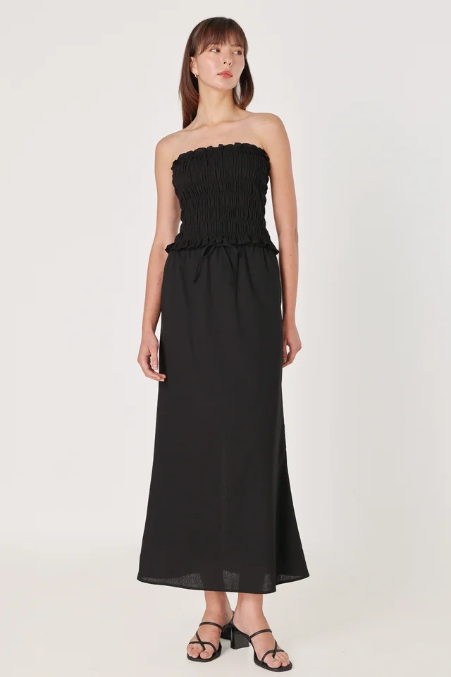 GIANNA LINEN DRAWSTRING BIAS MAXI SKIRT - PETITE (BLACK)