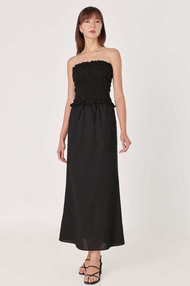 GIANNA LINEN DRAWSTRING BIAS MAXI SKIRT - PETITE (BLACK)