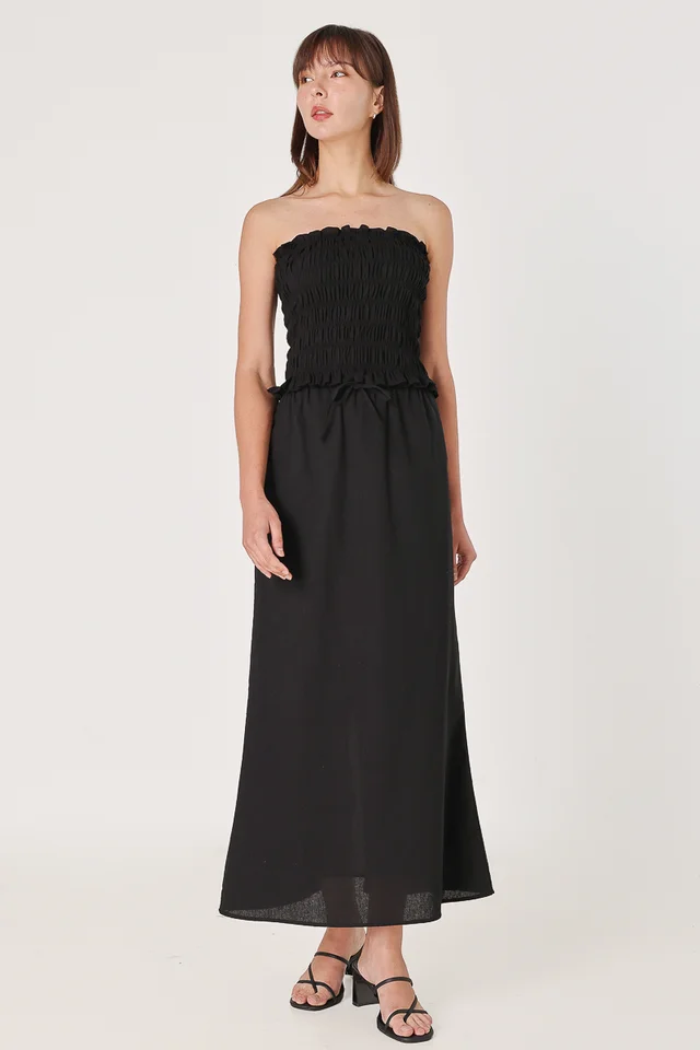 GIANNA LINEN DRAWSTRING BIAS MAXI SKIRT - REGULAR (BLACK)