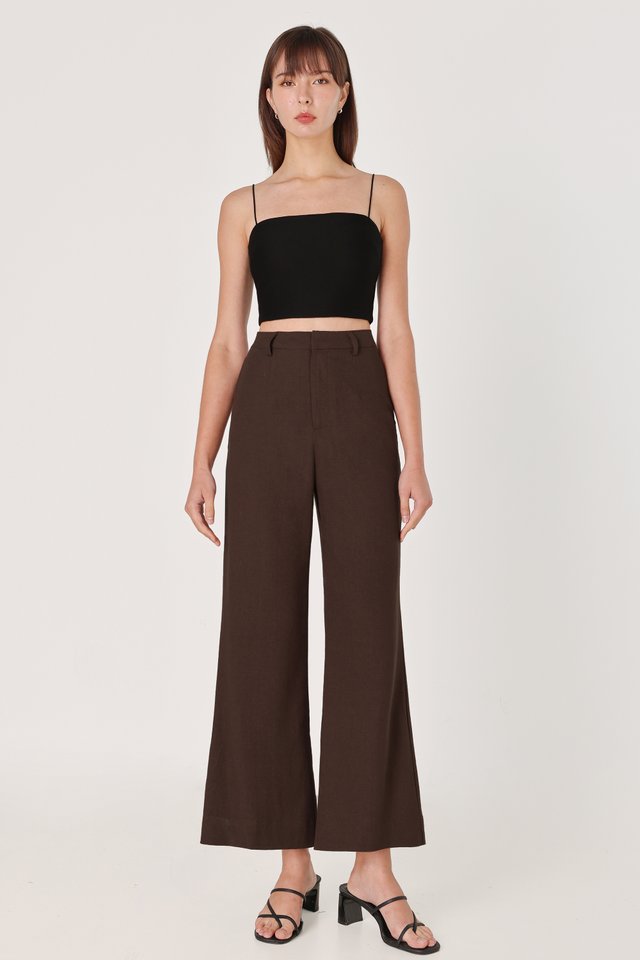CALDA LINEN THICK HEM FLARE PANTS - PETITE (ESPRESSO)