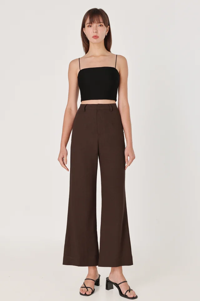 CALDA LINEN THICK HEM FLARE PANTS - PETITE (ESPRESSO)