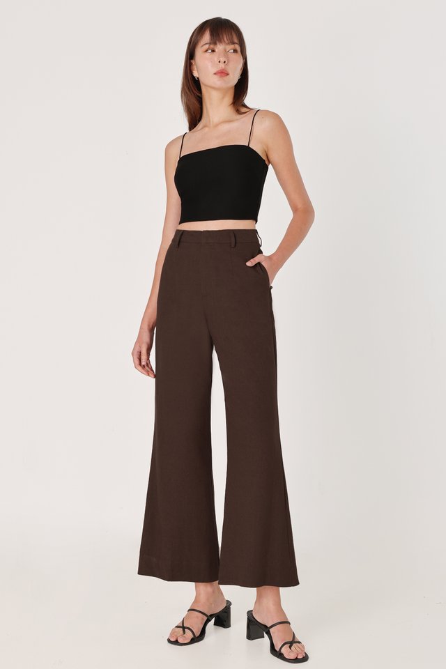 CALDA LINEN THICK HEM FLARE PANTS - PETITE (ESPRESSO)