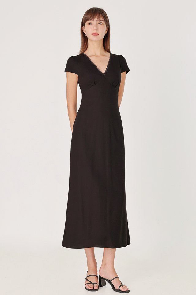 MICA LACE TRIM CAP SLEEVE MAXI DRESS (BLACK)