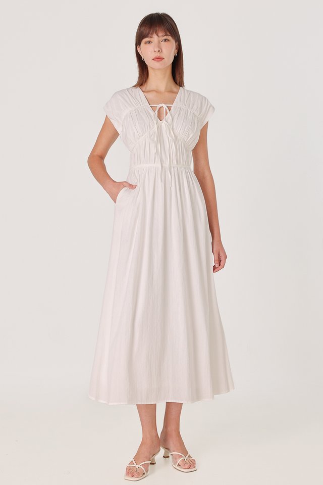 CALLA RUCHED RIBBON-TIE MAXI DRESS (WHITE)