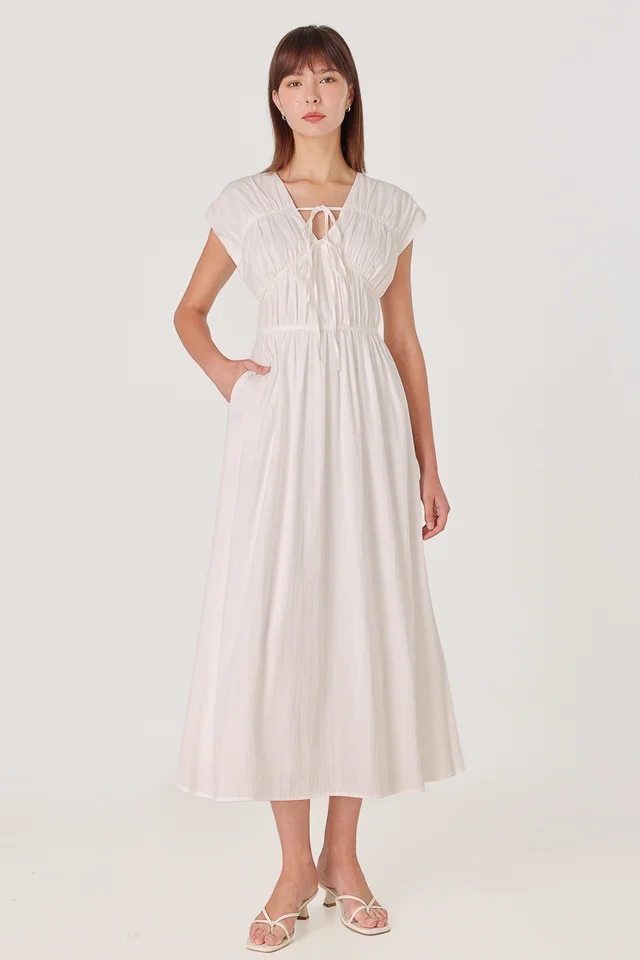 CALLA RUCHED RIBBON-TIE MAXI DRESS (WHITE)