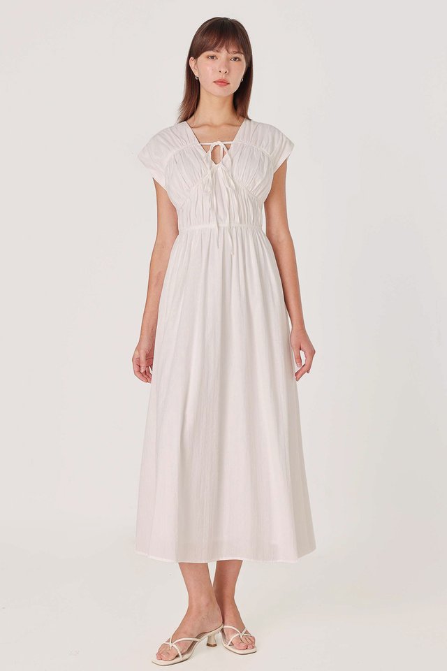CALLA RUCHED RIBBON-TIE MAXI DRESS (WHITE)
