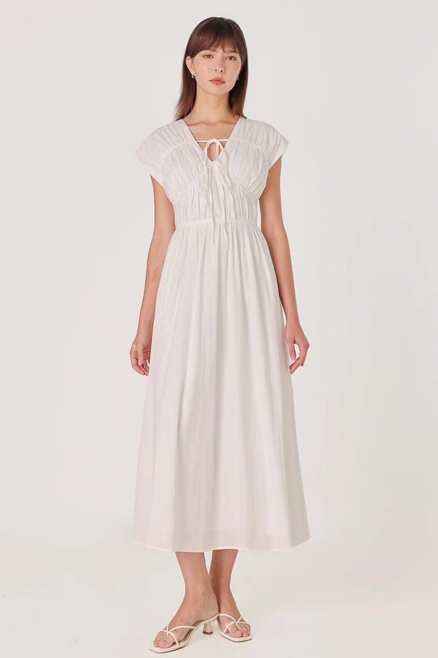 CALLA RUCHED RIBBON-TIE MAXI DRESS (WHITE)