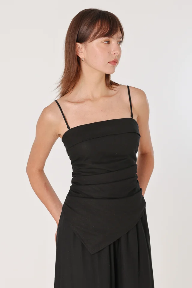 CHARMAINE PADDED LINEN SLANT TWO-WAY TOP (BLACK)