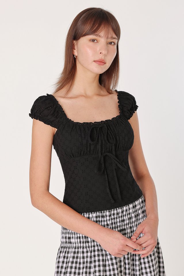 ROMY PADDED EYELET RUCHED SLEEVE RIBBON TOP (BLACK)