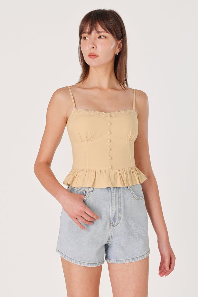 FALLON PADDED LINEN LACE TRIM BUTTON TOP (YELLOW)