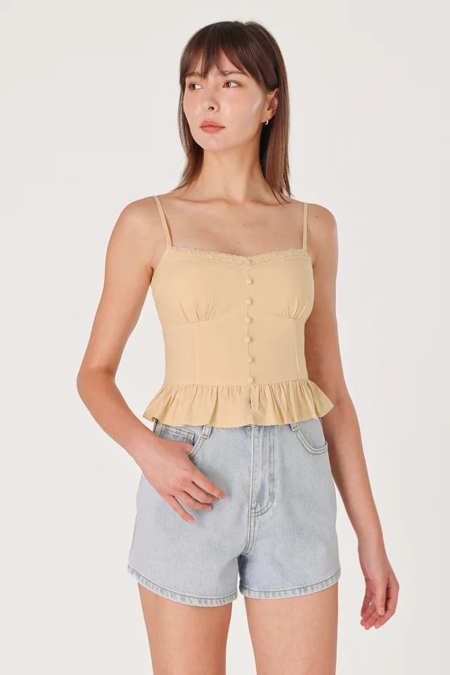 FALLON PADDED LINEN LACE TRIM BUTTON TOP (YELLOW)