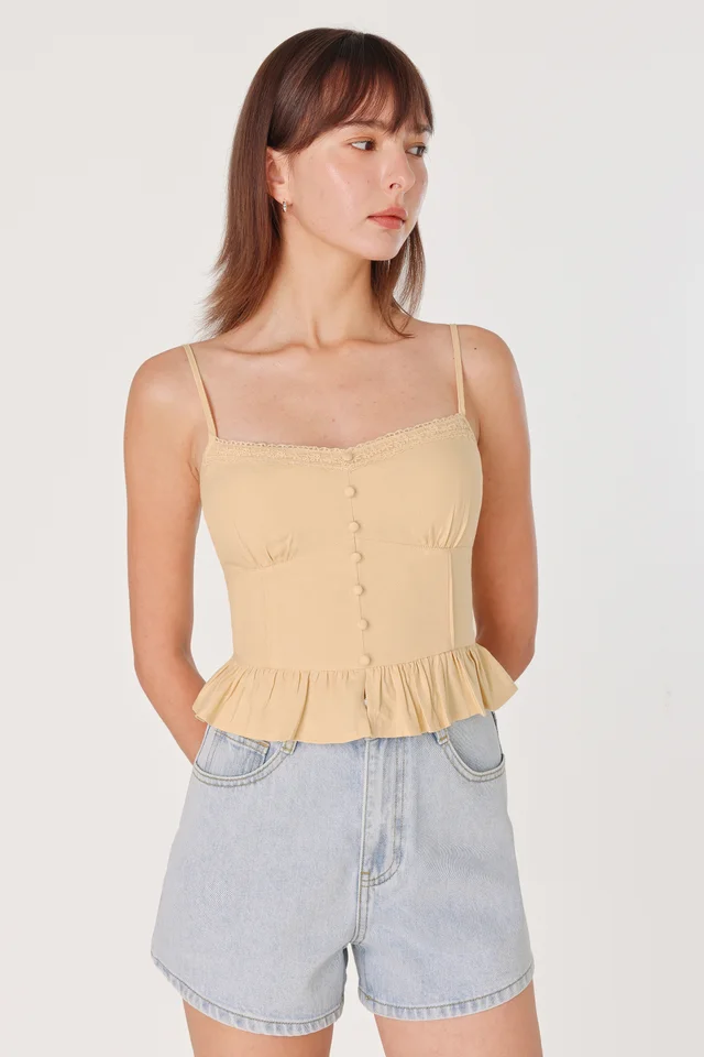 FALLON PADDED LINEN LACE TRIM BUTTON TOP (YELLOW)