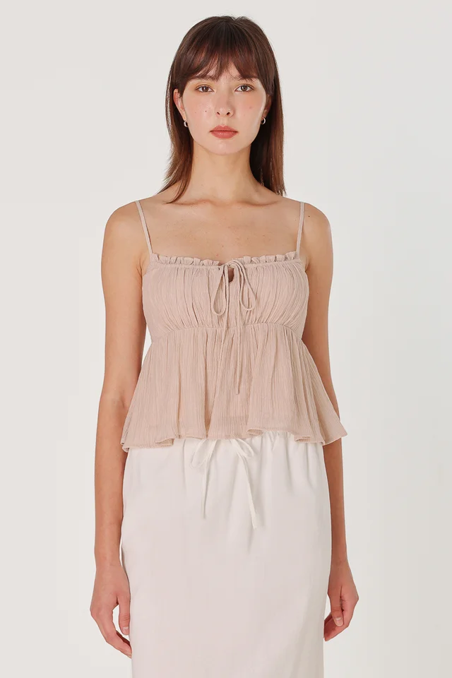JANE PADDED TEXTURED RIBBON BABYDOLL TOP (TAUPE PINK)
