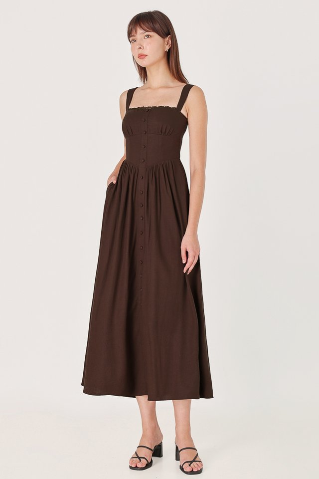 MELITA PADDED LINEN LACE CORSET MIDAXI DRESS (BROWN)