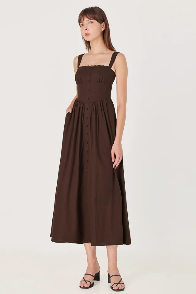 MELITA PADDED LINEN LACE CORSET MIDAXI DRESS (BROWN)