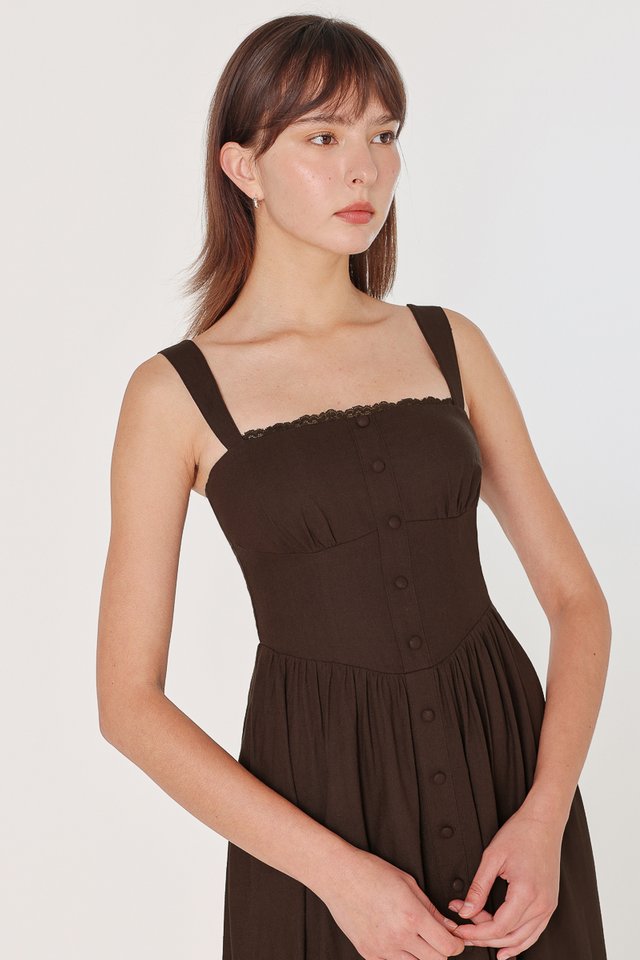 MELITA PADDED LINEN LACE CORSET MIDAXI DRESS (BROWN)