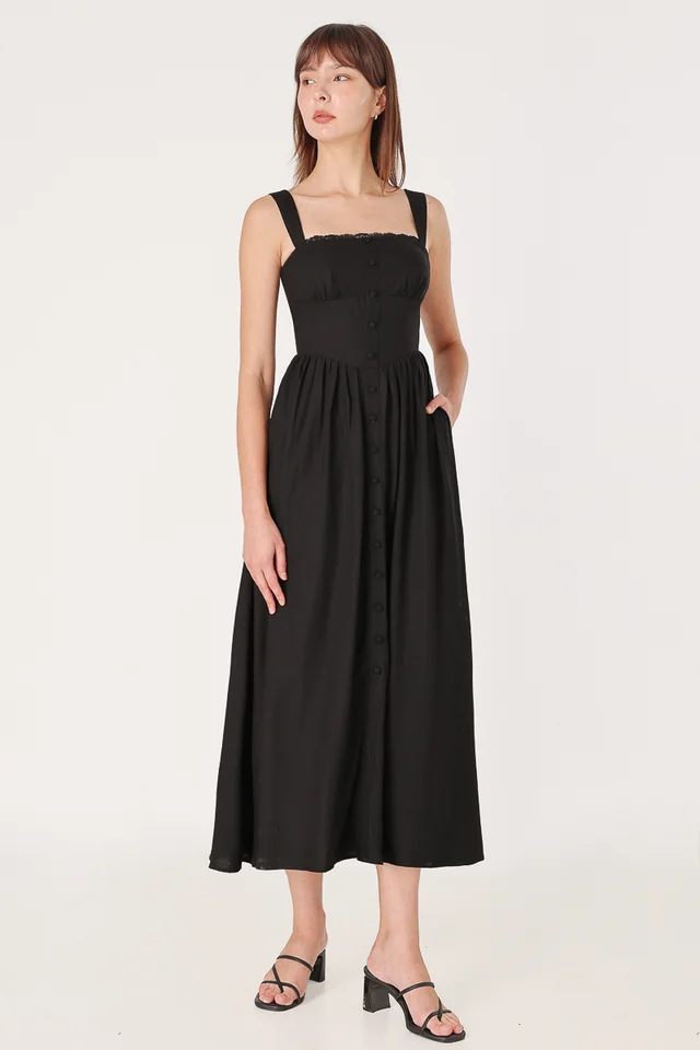 MELITA PADDED LINEN LACE CORSET MIDAXI DRESS (BLACK)